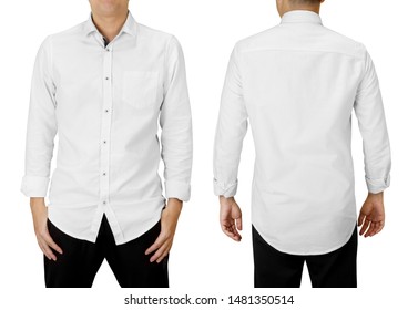 Man Wear White Long Sleeve Shirt, Front And Back View Isolated On White