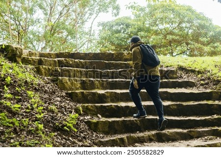 A man wearing a backpack is climbing a set of stone steps in a forest