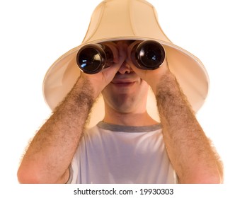 A Man Wearing Beer Goggles, Isolated Against A White Background