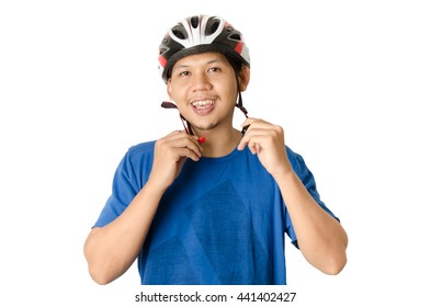 Man is wearing bicycle helmet ready to cycling isolated on white background
