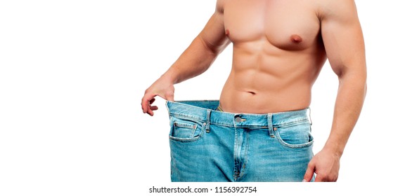 Man Wearing Big Jeans After Diet, Weight Loss Concept