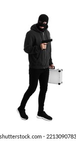 Man Wearing Black Balaclava With Metal Briefcase And Gun On White Background