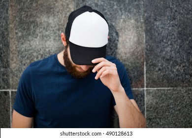 Man Wearing Black Blank Cap