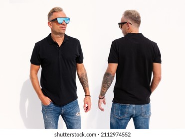 Man Wearing Black Casual Polo Shirt, Front And Back View, Mockup For Men's Poloshirt Design