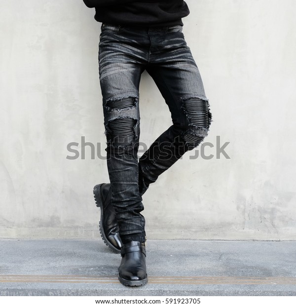 Man Wearing Black Destroyed Jeans Black Stock Photo (Edit Now) 591923705