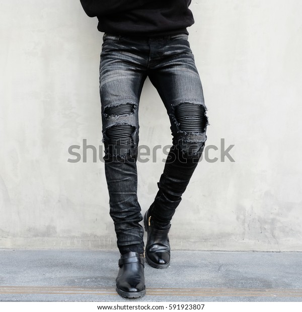 Man Wearing Black Destroyed Jeans Black Stock Photo Edit Now