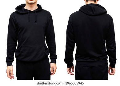 Man Wearing Black Hoodie, Isolated On White Background. Frond And Back View.