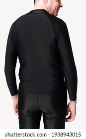 Man Wearing Black Rash Guard Mockup Psd And Swim Shorts