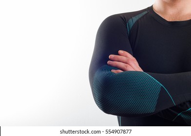 Man Wearing Black Thermal Base Layer Underwear On White Background