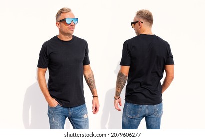 Man Wearing Black T-shirt, Front And Back View, Mockup For T Shirt Design