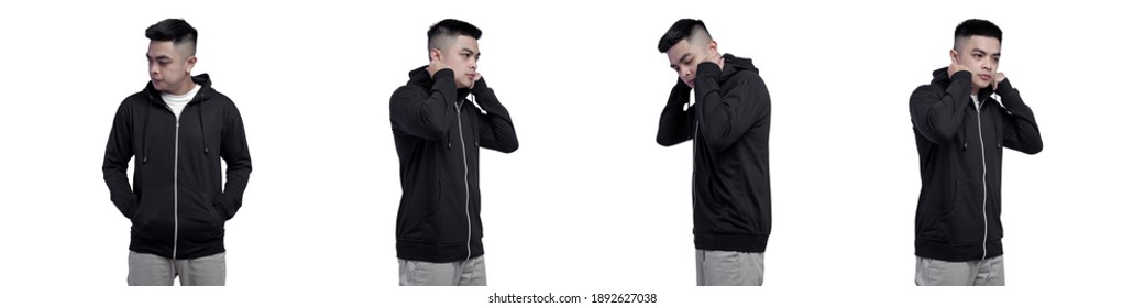 Man Wearing Black Zipper Hoodie Front View And Side View Isolated On White Background.