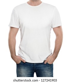Man wearing blank t-shirt isolated on white background with copy space
