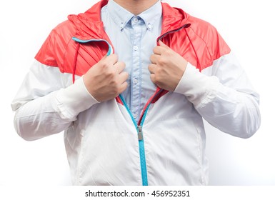 Man Wearing Blue Shirt And Red White Windbreaker Jacket Full Zip Hoodie