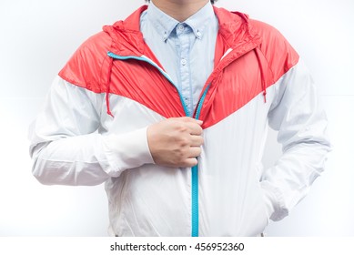 Man Wearing Blue Shirt And Red White Windbreaker Jacket Full Zip Hoodie