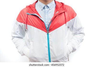 Man Wearing Blue Shirt And Red White Windbreaker Jacket Full Zip Hoodie