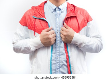 Man Wearing Blue Shirt And Red White Windbreaker Jacket Full Zip Hoodie