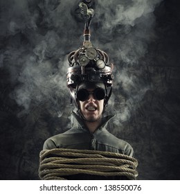 Man wearing a brain-control helmet, human brain-related experiments