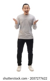 Man Wearing Casual Grey Shirt Black Denim And White Shoes, Excited Surprised Shocked With Mouth Open Looking At Camera, Amazed Wow Espression. Full Body Portrait Isolated Cut Out