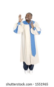 Man Wearing A Choir Robe Holding Hands Up And Looking Upward In Worship.