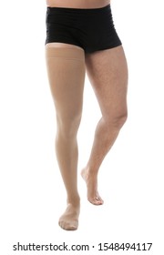 Man Wearing Compression Stocking Isolated On White, Closeup