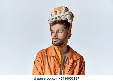 A man wearing an egg carton on his head. - Powered by Shutterstock