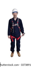 Man Wearing Fall Protection Harness And Lanyard