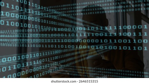 Man wearing fedora holding coffee cup, tapping smartphone in café with binary code on glass panel. Technology, modern, innovation, digital, urban, professional, sleek - Powered by Shutterstock - Get 15% off with code: PIKWIZARD15