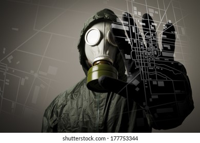 Man Wearing A Gas Mask On His Face. Gas Mask And City Map. Evacuation Concept.