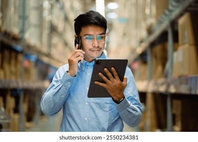 A man wearing glasses and a blue shirt is talking on a cell phone while holding a tablet. He is focused on the tablet, possibly checking information or communicating with someone