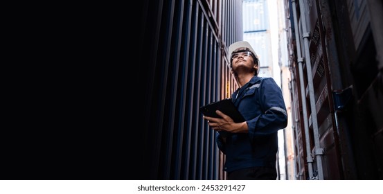 A man wearing a hard hat and safety glasses is holding a tablet in his hand. He is looking up at something, possibly a sign or a piece of equipment. Concept of focus and determination - Powered by Shutterstock