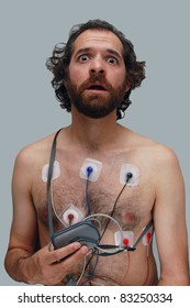 A Man Wearing A Heart Halter Monitor, Looking Afraid