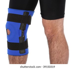 Man Wearing A Leg Brace, Over White