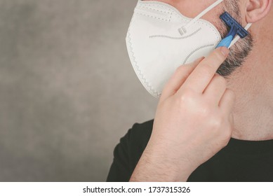 Man Wearing Medical Mask He Shaves His Beard Over Gray Background