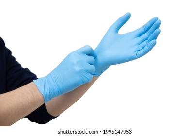 Man Wearing Nitrile Glove Isolated On White Background