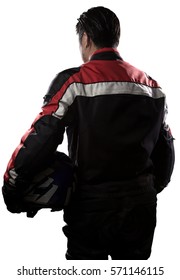 Man Wearing A Protective Leather And Textile Racing Suit For Racers And Motorcycle Motor Sports.  The Gear Is Armored With A Helmet And Worn By Bikers And Professional Race Car Drivers.