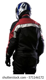 Man Wearing A Protective Leather And Textile Racing Suit For Racers And Motorcycle Motor Sports.  The Gear Is Armored With A Helmet And Worn By Bikers And Professional Race Car Drivers.