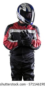 Man Wearing A Protective Leather And Textile Racing Suit For Racers And Motorcycle Motor Sports.  The Gear Is Armored With A Helmet And Worn By Bikers And Professional Race Car Drivers.