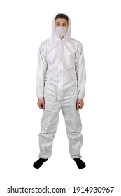 Man Wearing Protective Pandemic Suit Unisex Disposable Protective Coverall With Hood Isolated White Background