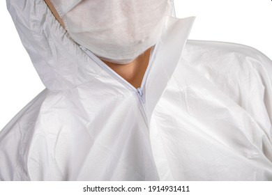 Man Wearing Protective Pandemic Suit Unisex Disposable Protective Coverall With Sleeves Isolated White Background