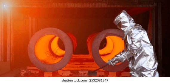 Man wearing protective silver suit work in steel red hot factory.  - Powered by Shutterstock