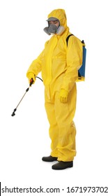 Man Wearing Protective Suit With Insecticide Sprayer On White Background. Pest Control