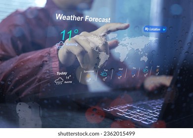Man wearing rain coat using application weather forecast before going out home checking weather with virtual screen dashboard. Warning people weather reports to prepare losses from natural disaster