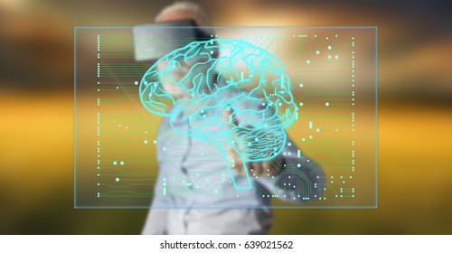 Man wearing a reality virtual headset touching an artificial intelligence concept on a touch screen with his finger