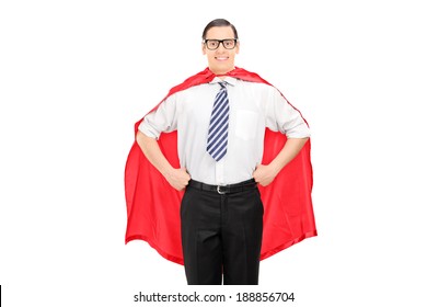 Man Wearing A Red Cape Isolated On White Background