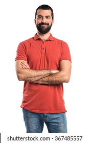 Man Wearing Red Polo Shirt With His Arms Crossed