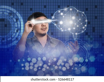 Man wearing smart high tech glasses and looking for the brain over the Innovation Technology background and abstract Hexagon bokeh background, business technology concept