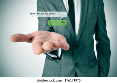 a man wearing a suit and a depiction of an instant messaging chat
