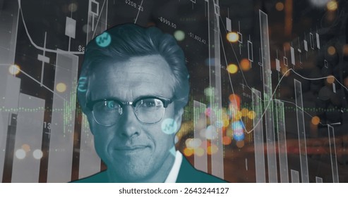 Man wearing suit jacket and glasses appearing in financial dashboard, with data charts and bokeh. Professional, finance, digital, data, technology, analytics, corporate