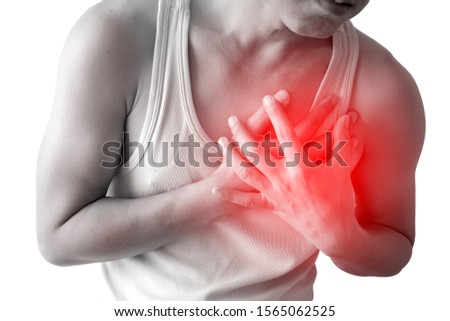 Man wearing undershirt is sick, in pain, and puts his hand on his chest. He had chest pain caused by an acute heart attack. There are red spots on the chest indicating pain.