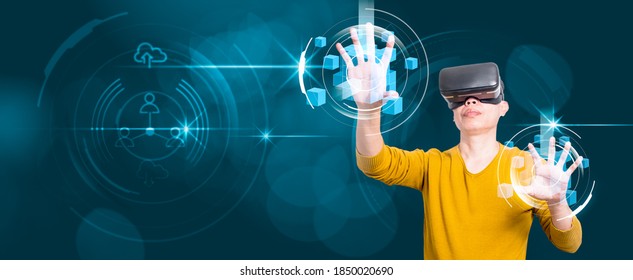 Man wearing virtual reality glasses for VR goggles headset on graphic background. Panoramic banner  with copy space